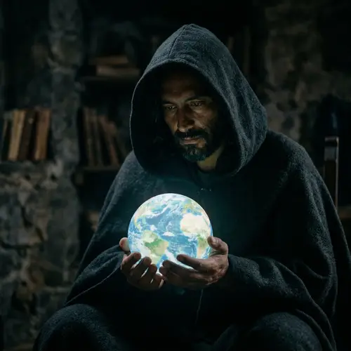 Mysterious Hooded Man with Earth Replica