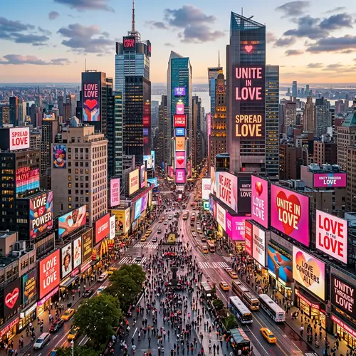 Unity and Love Messages in Vibrant Cityscape