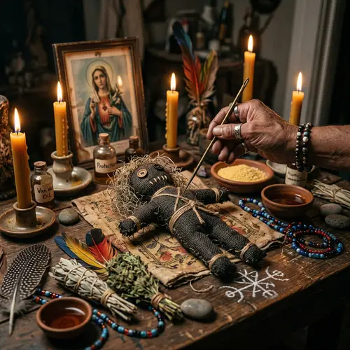 Mysterious Voodoo Ritual with Doll and Needle