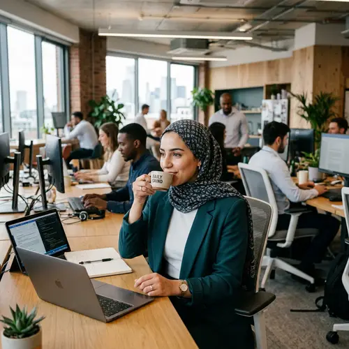 Young Muslim Woman Sipping Coffee in Open-Plan Office