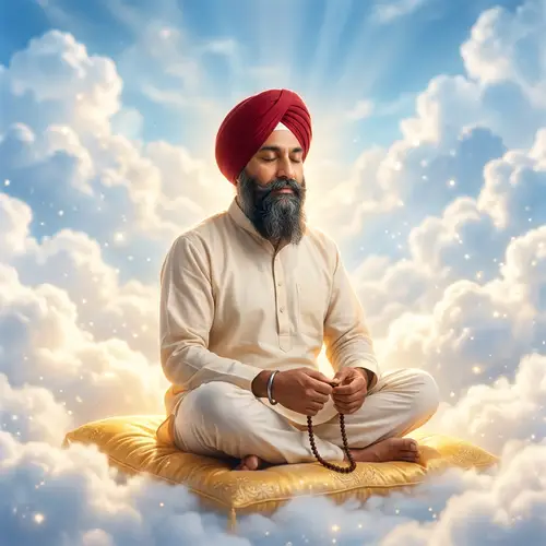 Sikh Man in Red Turban: Tranquil Meditation in Heavenly Ambiance