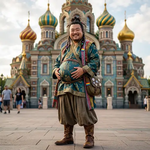 Cheerful East Asian Fantasy Character in Playful Pregnancy Outfit