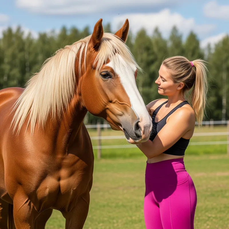 Blonde Woman in Pink Leggings with Chestnut Horse
