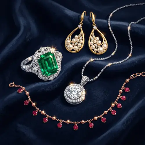 Exquisite Jewelry Collection: Diamond Necklace, Gold Earrings, Platinum Ring, Rose Gold Bracelet