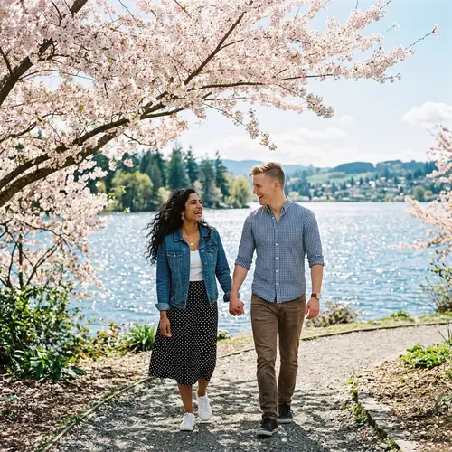 Outdoor Portrait of a Multicultural Couple with Cherry Blossom Tree