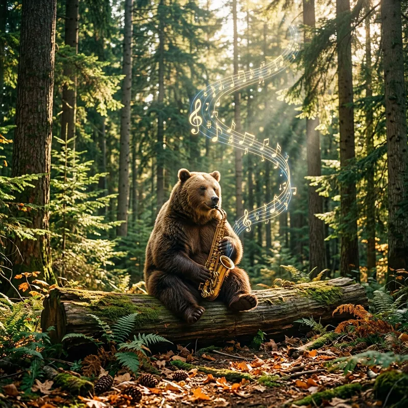Tranquil Brown Bear Playing Saxophone in Lush Green Forest Tranquil Brown Bear Playing Saxophone in Lush Green Forest