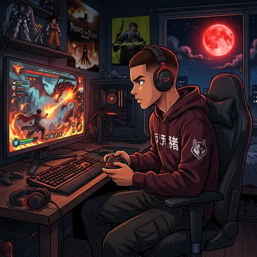 Anime Boy Enjoying Video Games Under a Red Moon