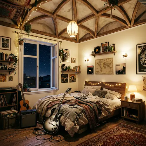 Cozy Apartment with Unique Ceiling Design and Silverburst Guitar