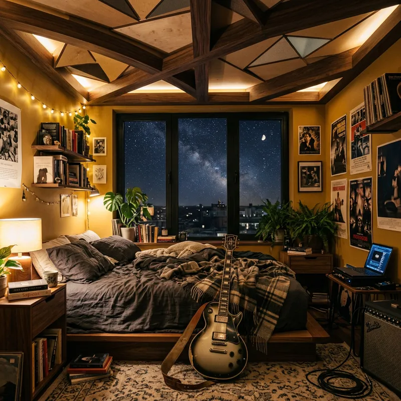 Cozy Nighttime Apartment with Unique Ceiling Design and Guitar