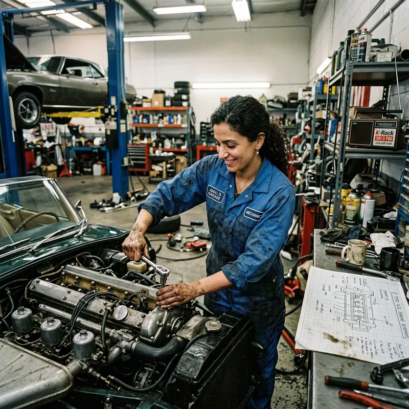Skilled Female Middle-Eastern Mechanic Restores Vintage Car in Realistic Scene