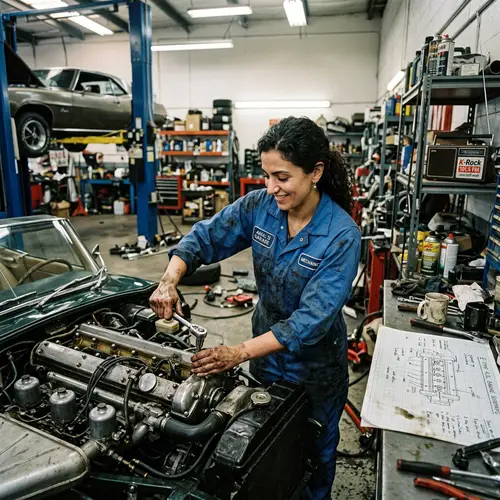 Skilled Female Middle-Eastern Mechanic Restores Vintage Car
