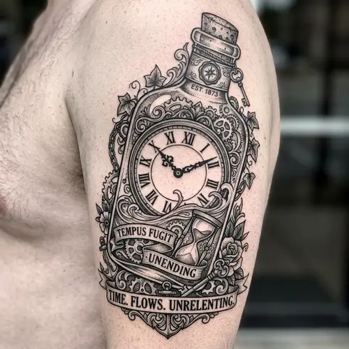 Vintage Clock and Bottle Tattoo Design