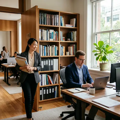 Contemporary Office Environment with Natural Light and Green Plant