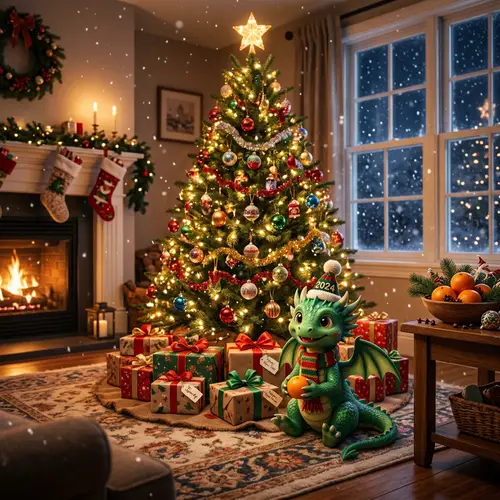 Little Dragon Celebrating New Year by the Christmas Tree