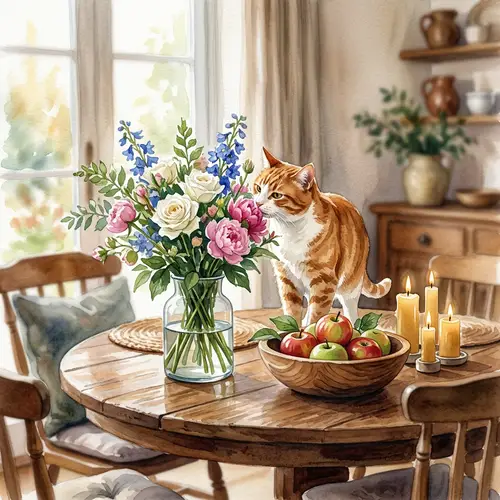 Charming Cat with Flowers - Watercolor Art