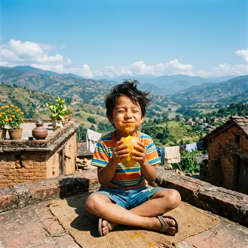 South Asian Boy Enjoying Ripe Mango on Rooftop