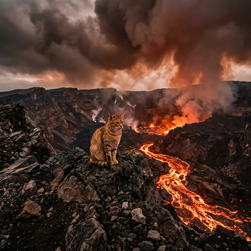 Cat in Volcano: Serene Amidst Lava