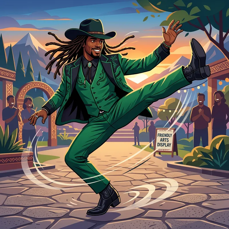 Stylish Black Cowboy in Martial Arts Display