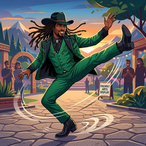 Stylish Black Cowboy in Martial Arts Display