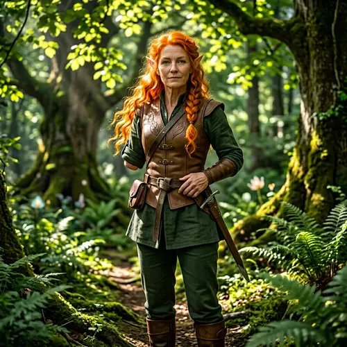 Female Elf with Orange Hair - One-Armed Character in Light Leather Outfit