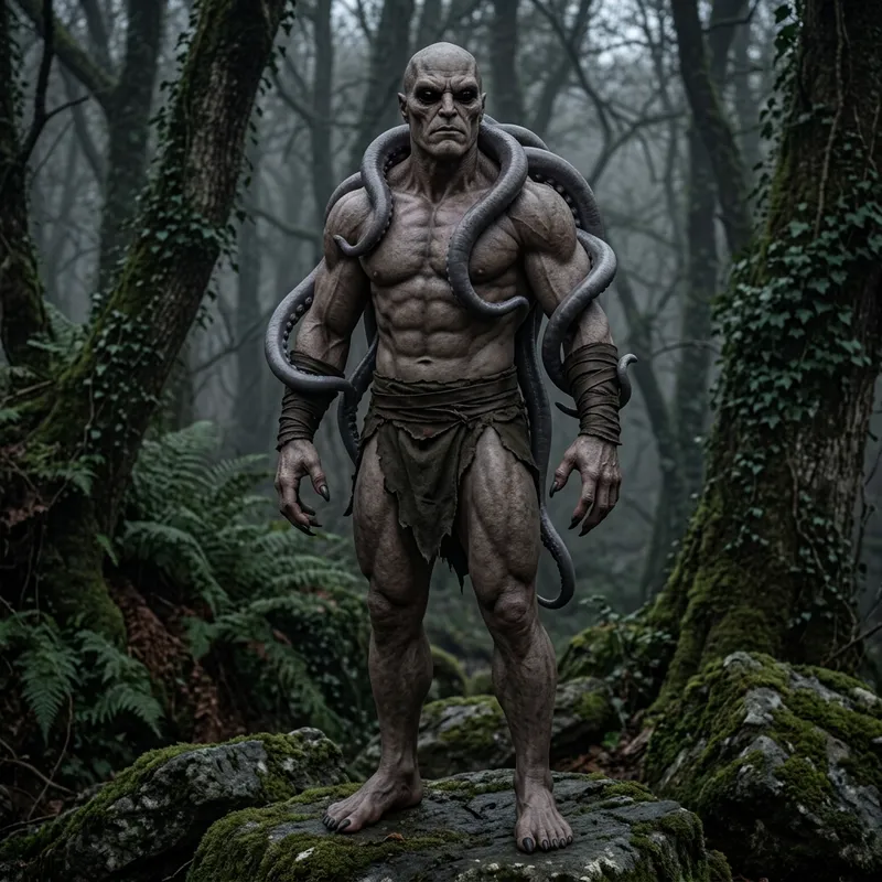 Striking Humanoid Monster with Ink-Black Eyes and Gray Tentacles