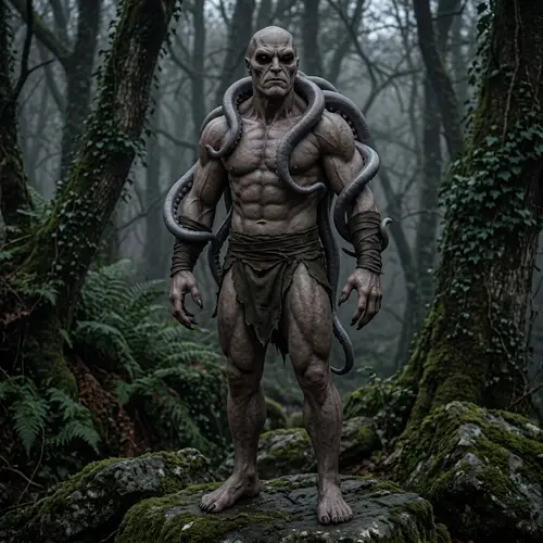 Humanoid Monster with Ink-Black Eyes and Gray Tentacles