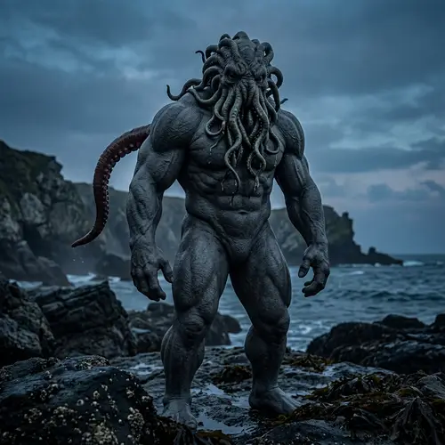 Humanoid Monster with Muscular Gray Body and Tentacle Face