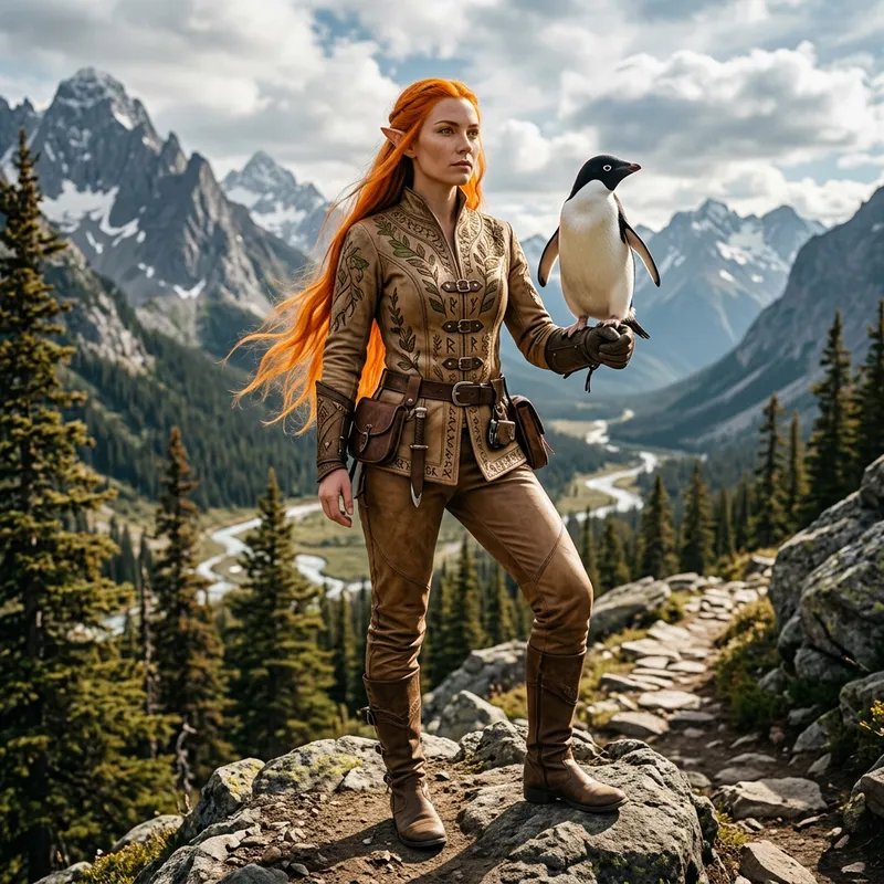 Confident Elf Woman with Orange Hair and Penguin