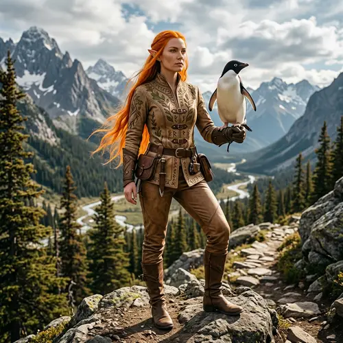 Serious Elf Woman with Orange Hair and Penguin