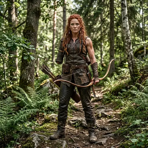 Elf Woman with Red Hair in Light Leather Outfit