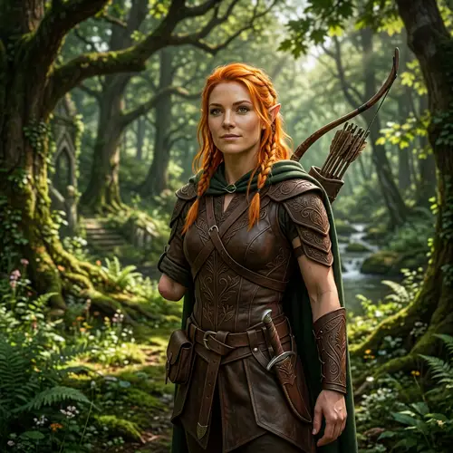 Stunning Elf Woman with Orange Hair in Light Leather Outfit