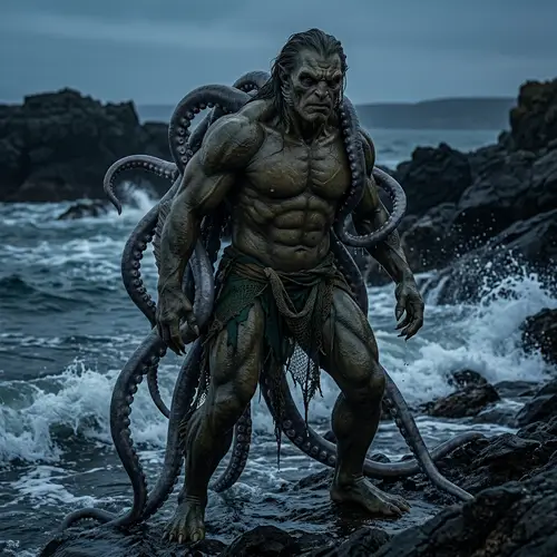 Muscular Humanoid Monster with Gray Tentacles - Sea Creature Design
