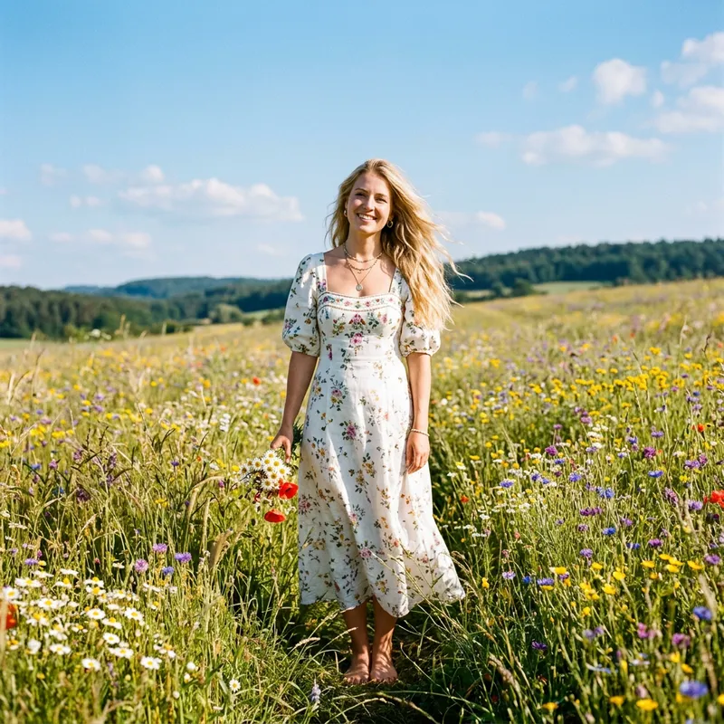 Blonde Woman with Flowing Hair in Fashionable Outfit | Meadow Wildflowers