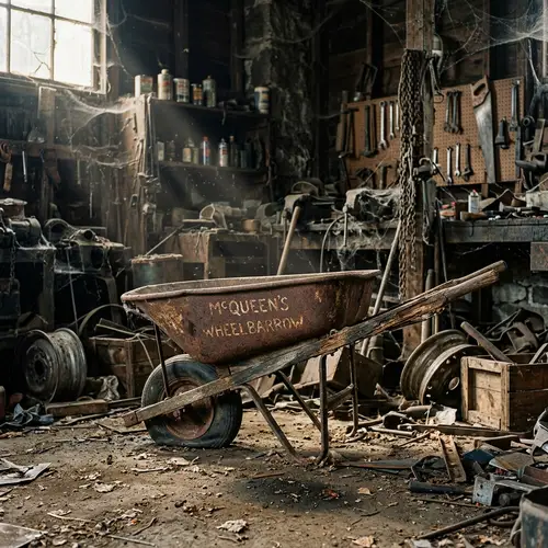 Rusted 'McQueen' Wheelbarrow in Abandoned Garage - Symbol of Hard Work