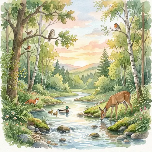 Tranquil Watercolor Scene: Serene Forest & Wildlife Harmony