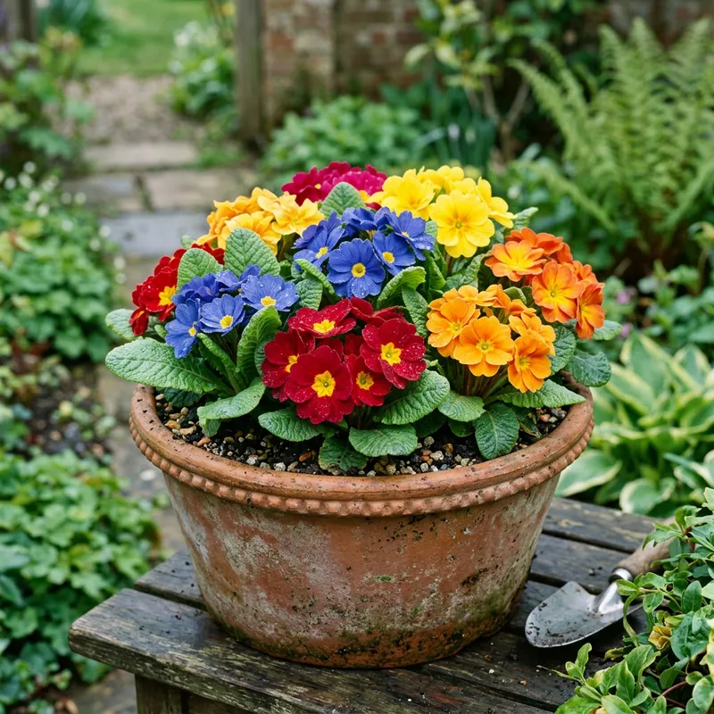 Realistic Primrose Varieties in Rustic Pot - Vibrant Blooms