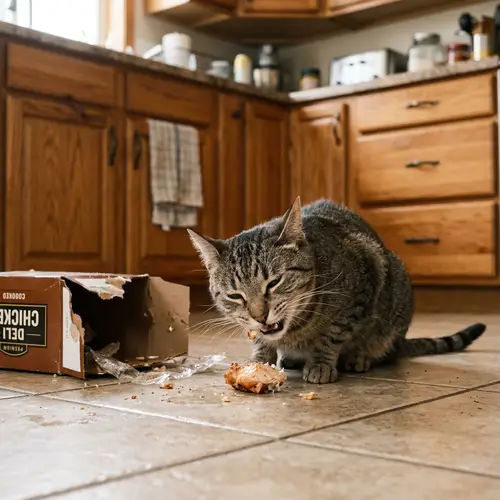 Adorable Cat Enjoying a Meal - Cute Feline Snacking in Kitchen