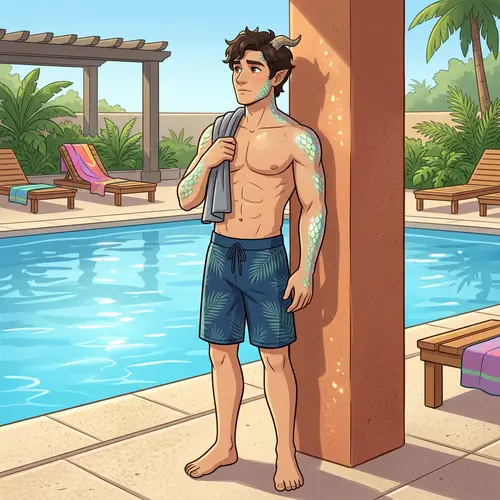 Male Dragon Demi-Human by Pool | Friendly Cartoon Character