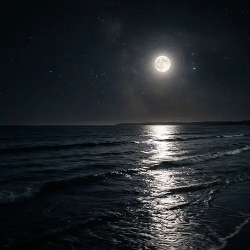 Tranquil Ocean Night Scene: Moonlit Waters and Starry Sky