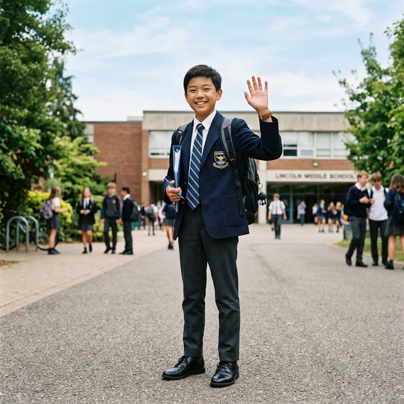 Engaging Asian Middle School Student - Friendly Greetings with School Ambiance