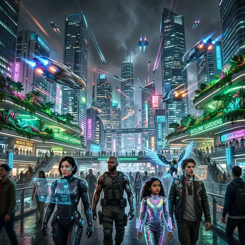 Futuristic Sci-Fi City | Advanced Aircraft & Diverse Crowd