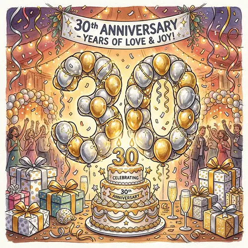 30th Anniversary Celebration Balloons, Cake & Presents