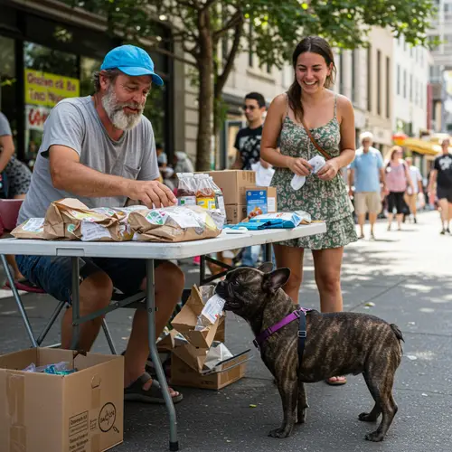 Man and Woman Sell Packages: Cute Bulldog Eats Box