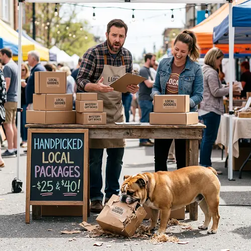 Man and Woman Sell Packages: Cute Bulldog Eats Box