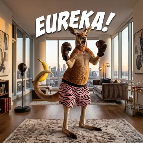 Boxer Kangaroo in Pink Tiger Briefs Celebrating Eureka