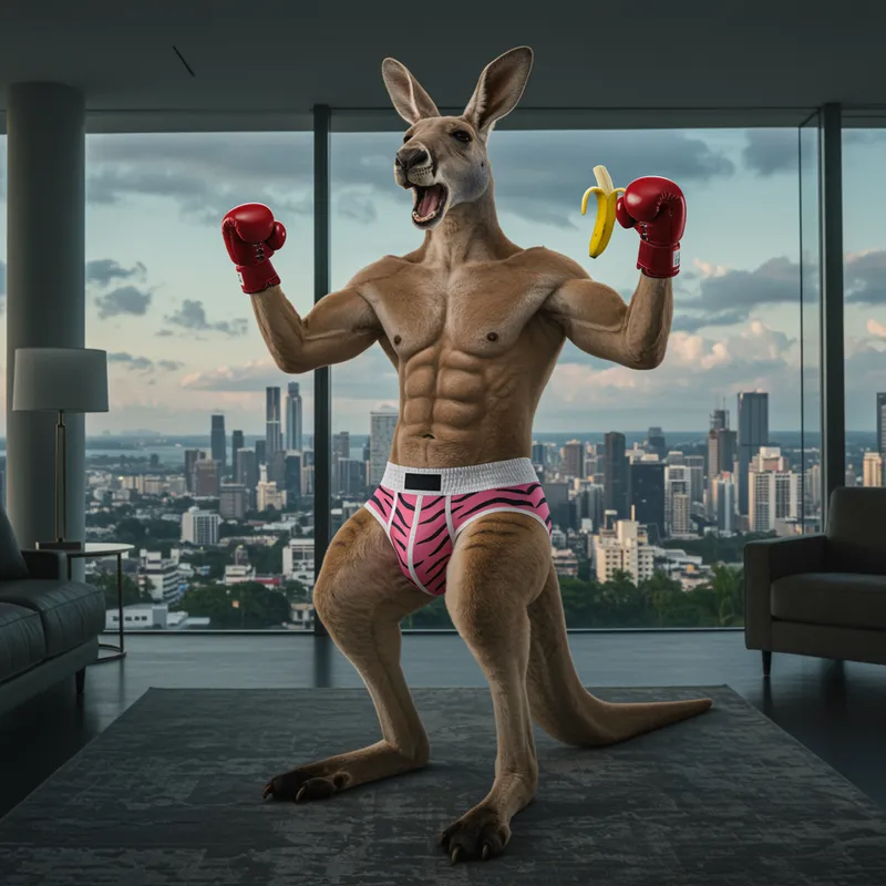 Boxer Kangaroo in Pink Tiger Briefs Celebrating Eureka