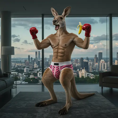 Boxer Kangaroo in Pink Tiger Briefs Celebrating Eureka