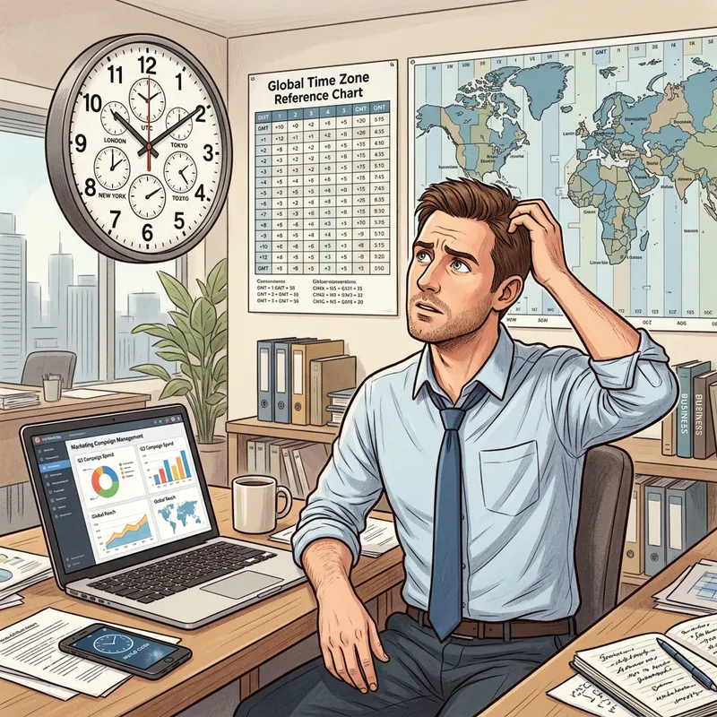 Global Time Zone Strategy: Businessman Planning Marketing Campaign Global Time Zone Strategy: Businessman Planning Marketing Campaign