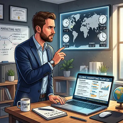 Male Entrepreneur Analyzing World Clock for Marketing Campaign Timing