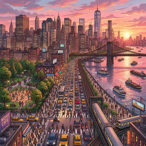 Bustling Cityscape at Sunset: Skyscrapers, Pedestrians, and Waterfront Views